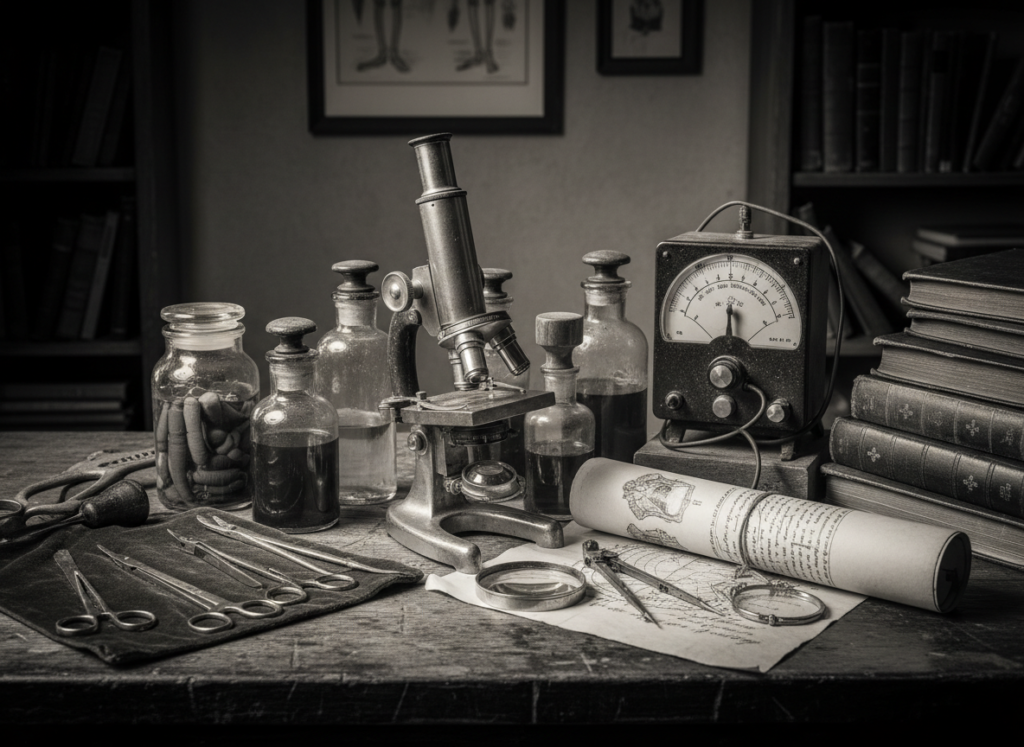 The Crescent Hotel: Dark History as Hospital of Sorts firefly gemini flash build a black and white image of antique medical gear 334967